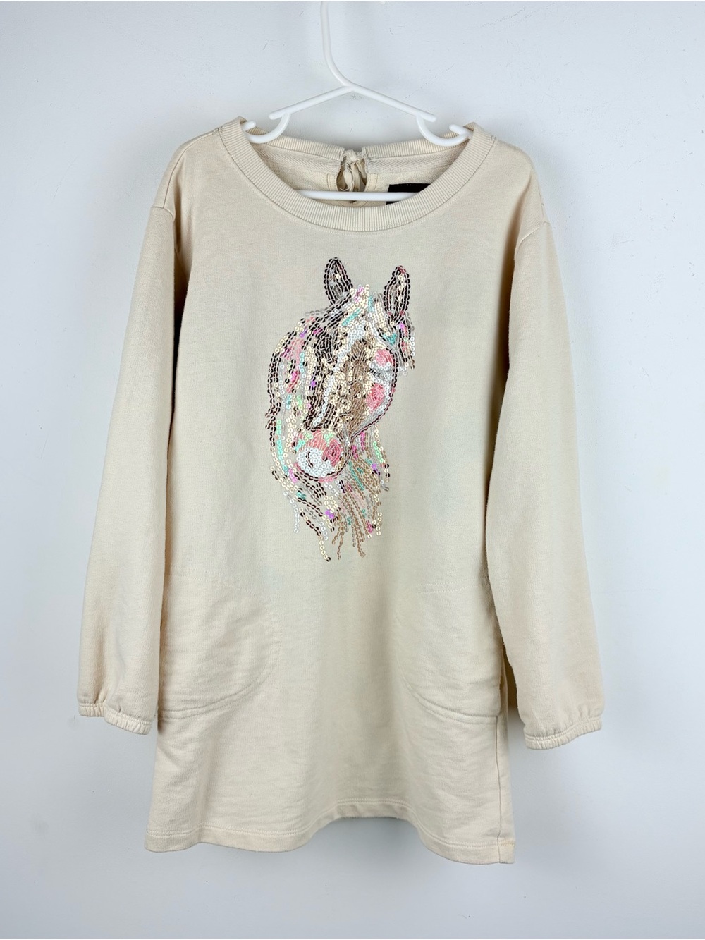 GapKids Girls Beige Long Sleeve Pullover Sweatshirt Dress Tunic Sequin Horse 6 7